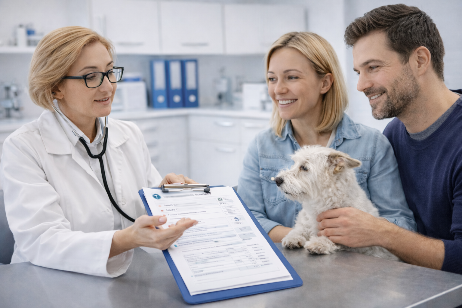 Family with pet at veterinary consultation